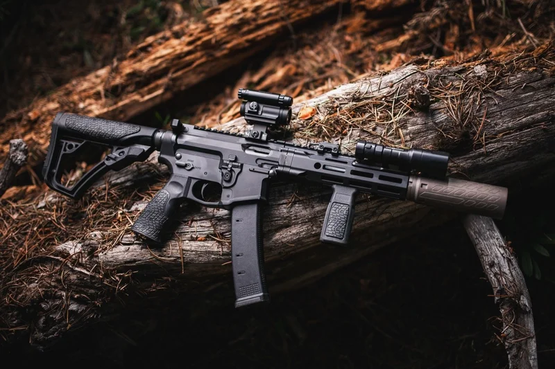Daniel Defense DD PCC suppressed with FDE can resting on a log in the forest