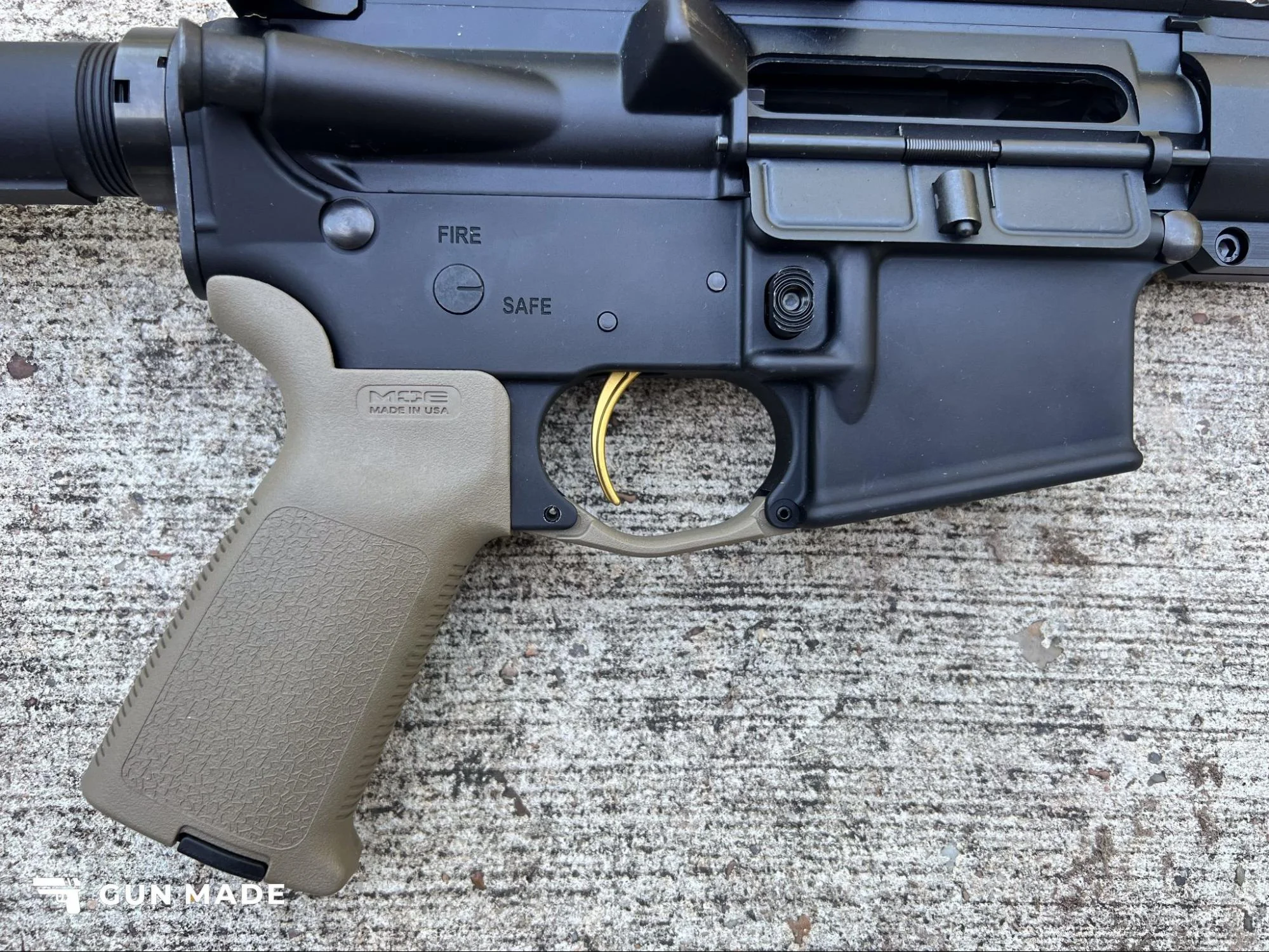 American Trigger Corp AR Gold Adjustable Trigger close up on palmetto state armory ar15 side view