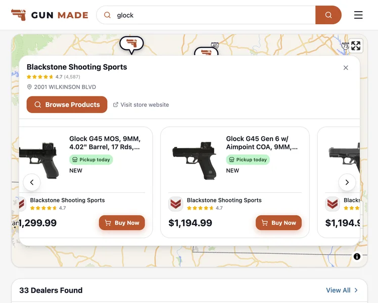 Gun Made search results for Glock on a map, with Blackstone Shooting Sports showing Glock G45 pistols in stock for pickup today