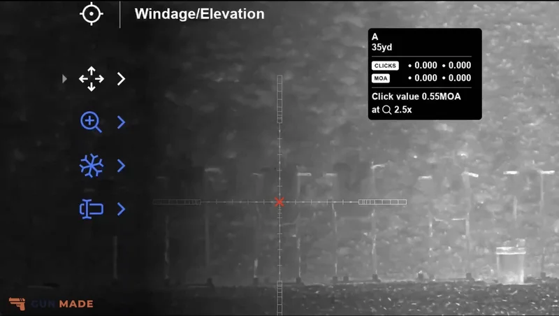 XL60 Windage/Elevation zeroing menu for profile A, 35-yard zero distance, 0.55 MOA click value, 2.5x.