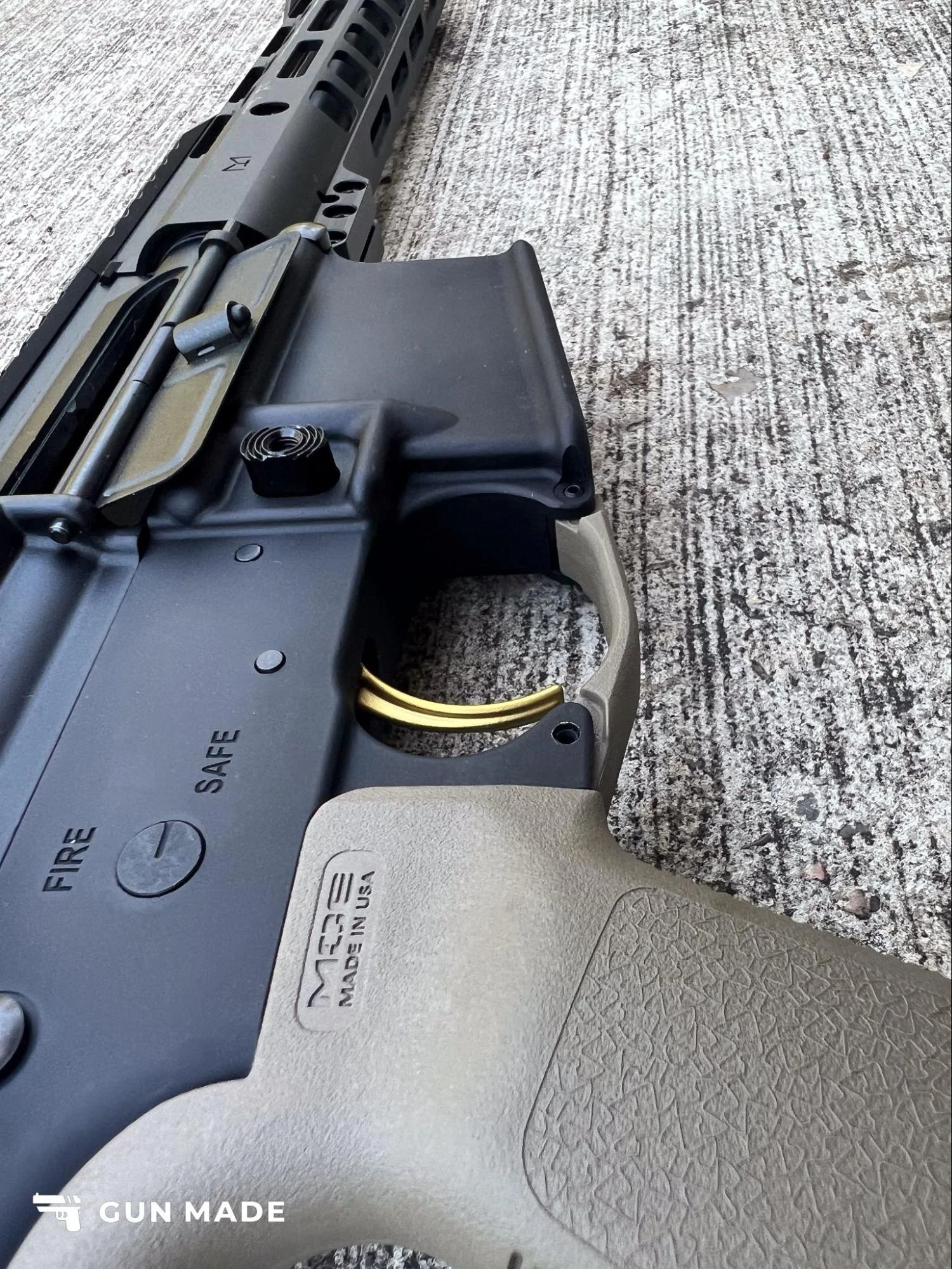 American Trigger Corp AR Gold Adjustable Trigger close up on palmetto state armory ar15