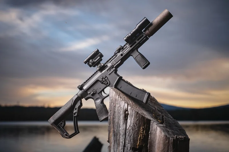 Daniel Defense DD PCC suppressed with red dot and magnifier on a post at dusk