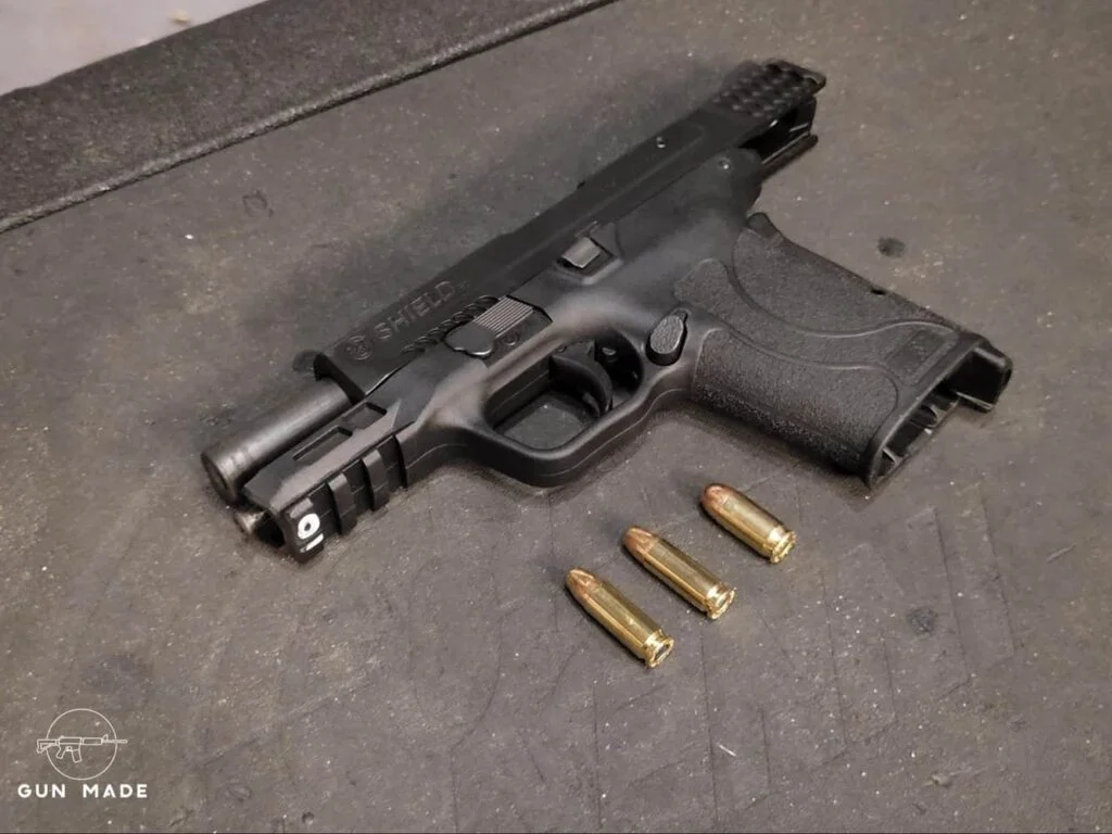 shield ez with 380 auto, 9mm luger, and 30 super carry cartridge lined up