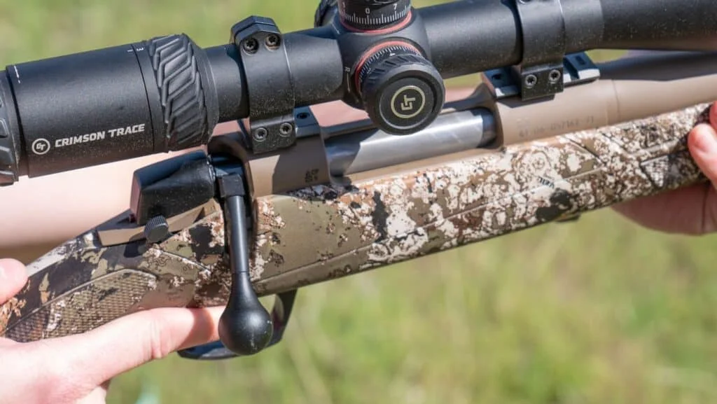 cva cascade 350 legend close up camo with crimson trace optic