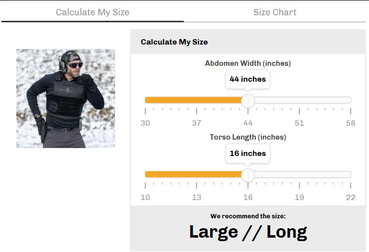 WarBird’s sizing calculator tool for selecting the perfect SkyFlex IIIA Armor fit