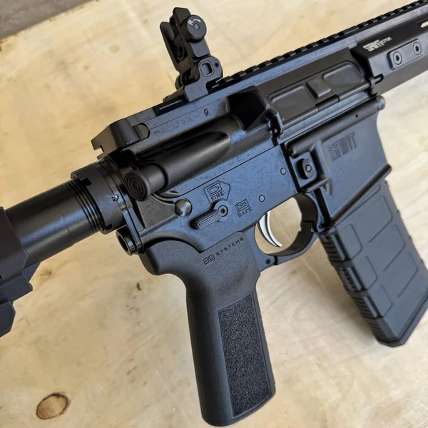 Angled foregrip and M-LOK handguard near the muzzle of the Springfield Saint Victor 5.56 Pistol