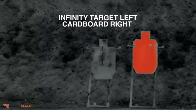 XL60 screen capture of Infinity rubber target with hot bullet strikes beside cardboard hot all over, hiding hits.