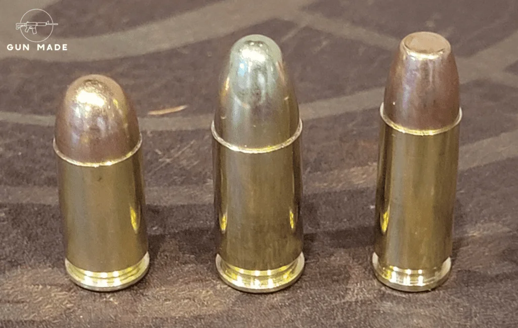From left to right: .380 AUTO, 9mm Luger, 30 Super Carry