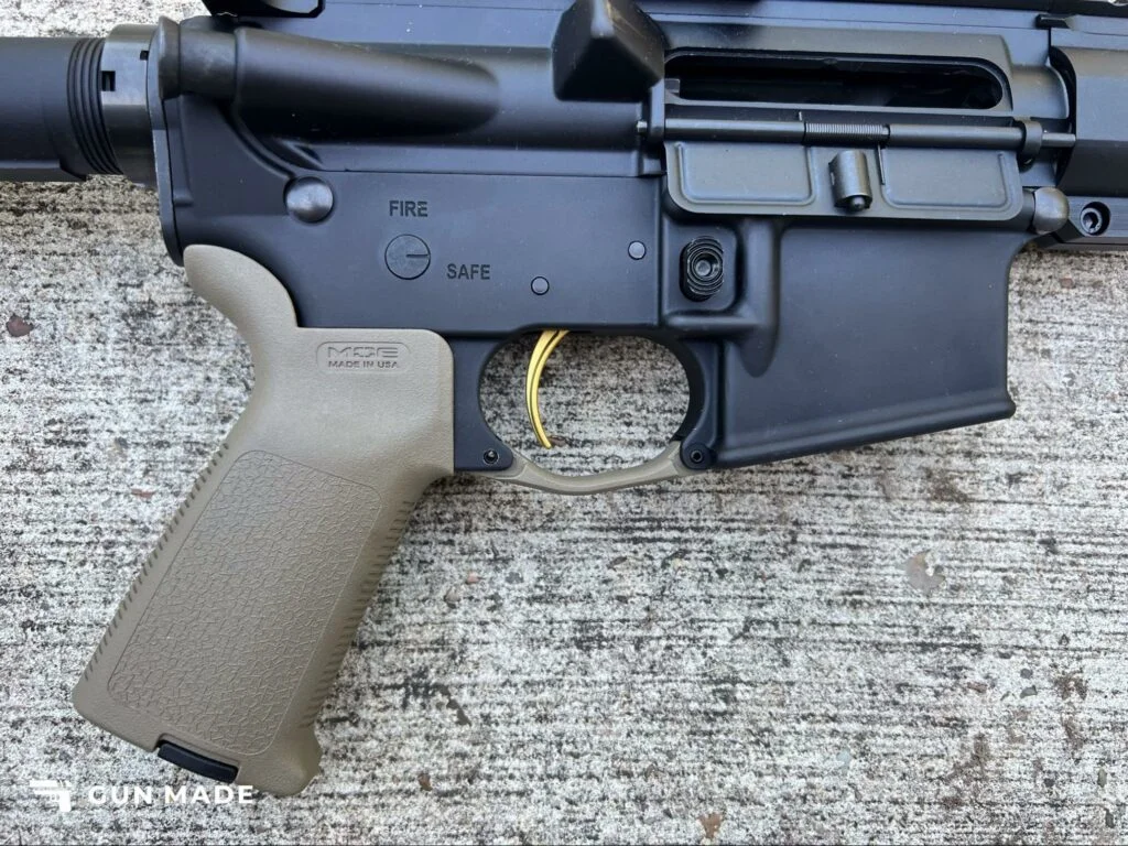 American Trigger Corp AR Gold Adjustable Trigger close up on palmetto state armory ar15 side view