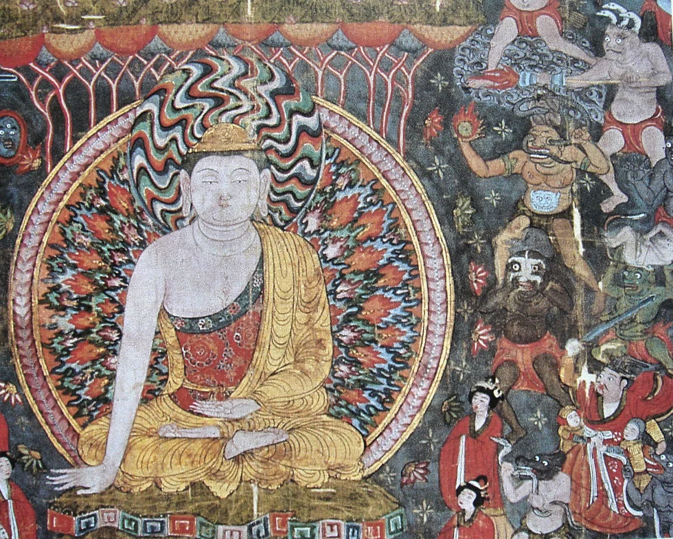 Earliest known representation of a fire lance (upper right), Dunhuang, 950 AD.