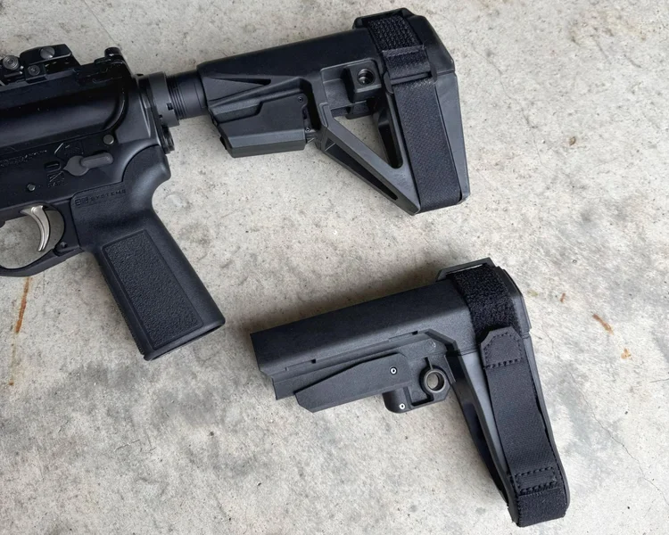 Comparison of SB Tactical SBA5 brace (top, installed on pistol) and SBA3 brace (bottom) on concrete surface