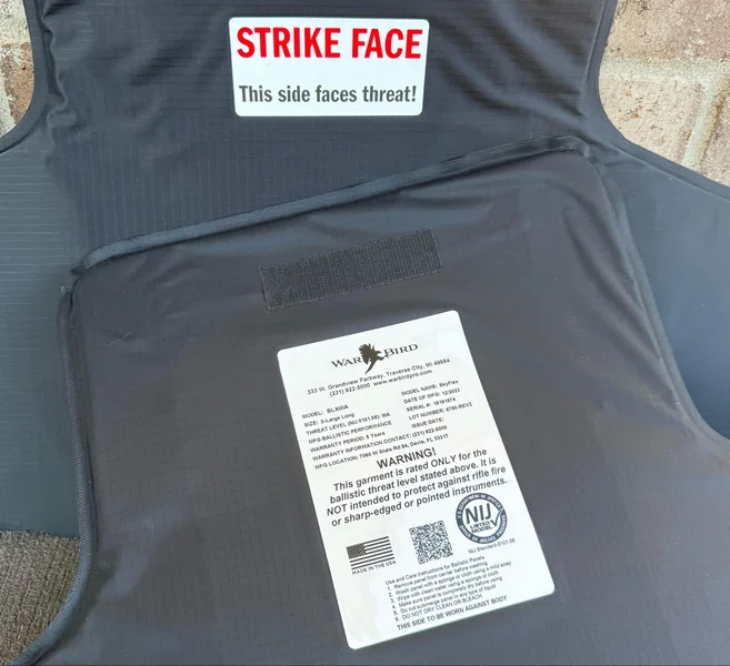 Detailed view of the SkyFlex IIIA specifications and NIJ certification on display