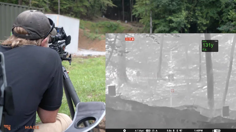 Split frame of Josh at the tripod behind the rifle, XL60 view at 5.8x reading 131 yards.