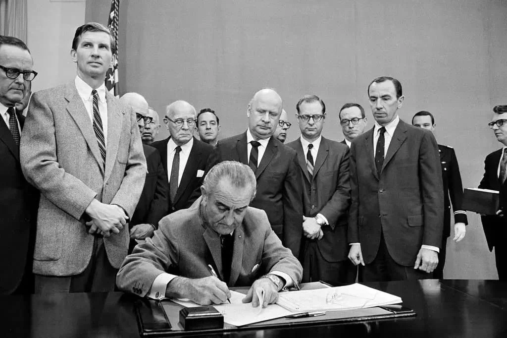 President Lyndon B. Johnson signed a gun control bill at the White House on Oct. 22, 1968