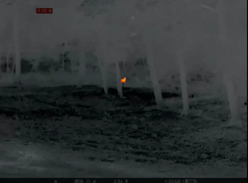XL60 night view of a target glowing red between white-hot trees