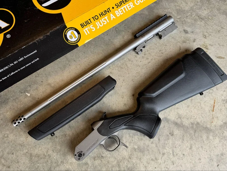 CVA Scout TD disassembled into two main pieces showcasing the quick take-down design for portability