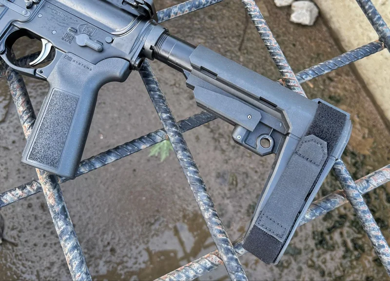 Close-up of SB Tactical pistol brace and B5 Systems grip on the Springfield Saint Victor 5.56 Pistol