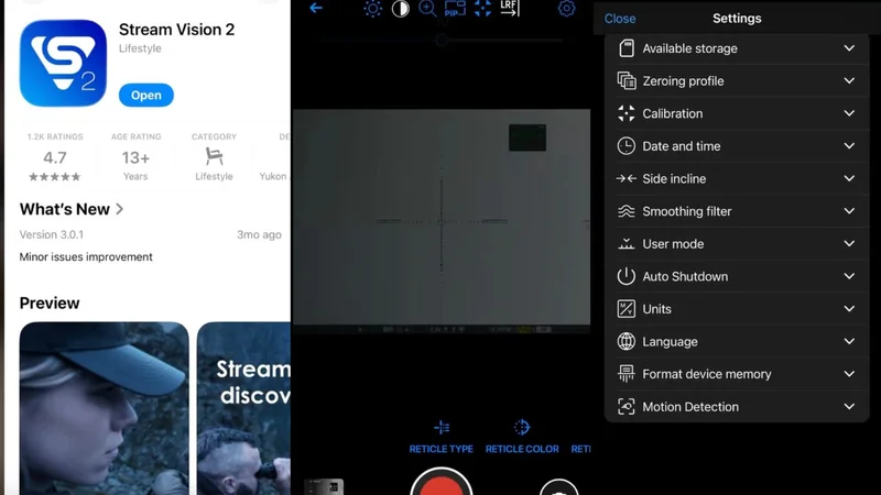 Stream Vision 2 app: App Store listing, live view screen, and the settings menu