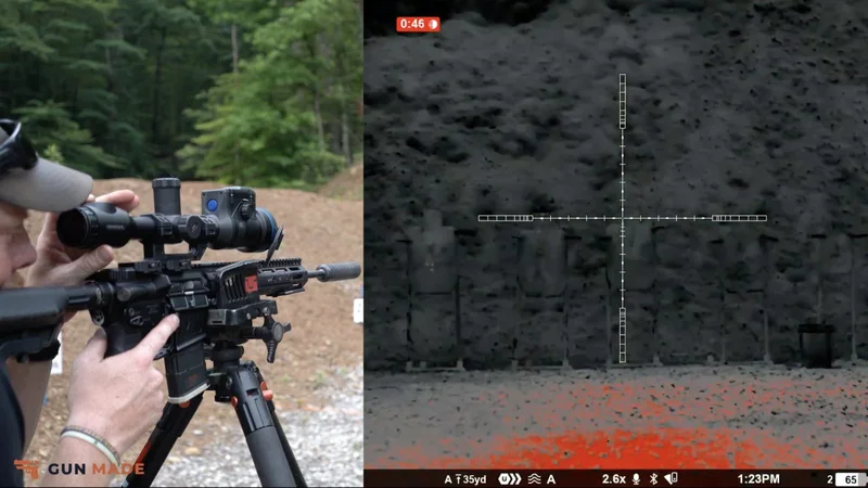 Split frame of Josh shooting from a tripod beside the XL60 view at 2.6x with heat on the ground at the steel line