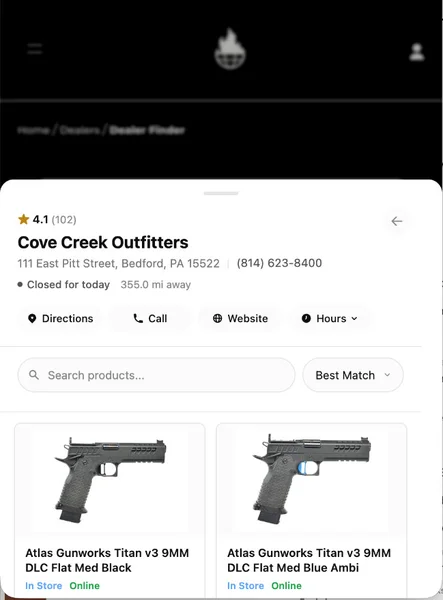Manufacturer dealer finder showing Cove Creek Outfitters in Bedford, Pennsylvania with two Atlas Gunworks Titan v3 9mm pistols in stock